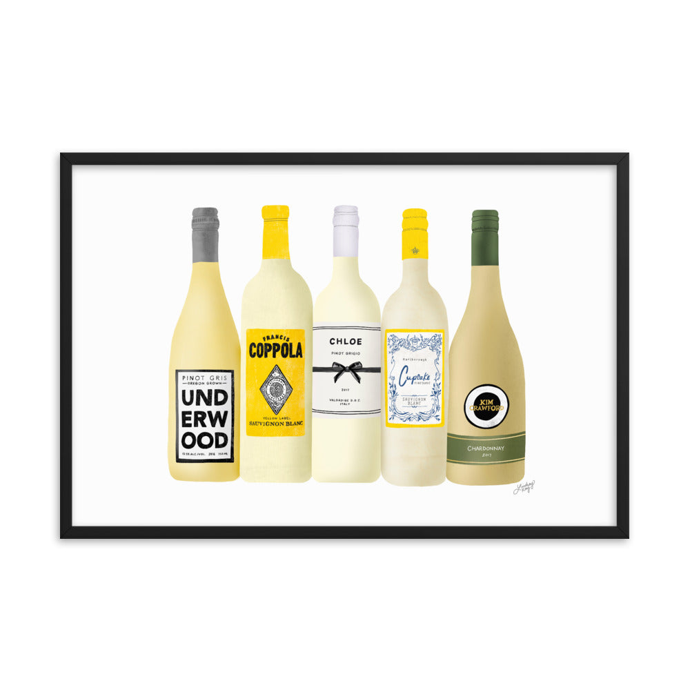 Ilustración de botellas de vino blanco - Impresión mate enmarcada